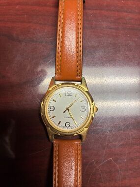 Men's Gold-Tone Quartz Watch with Brown Leather Strap